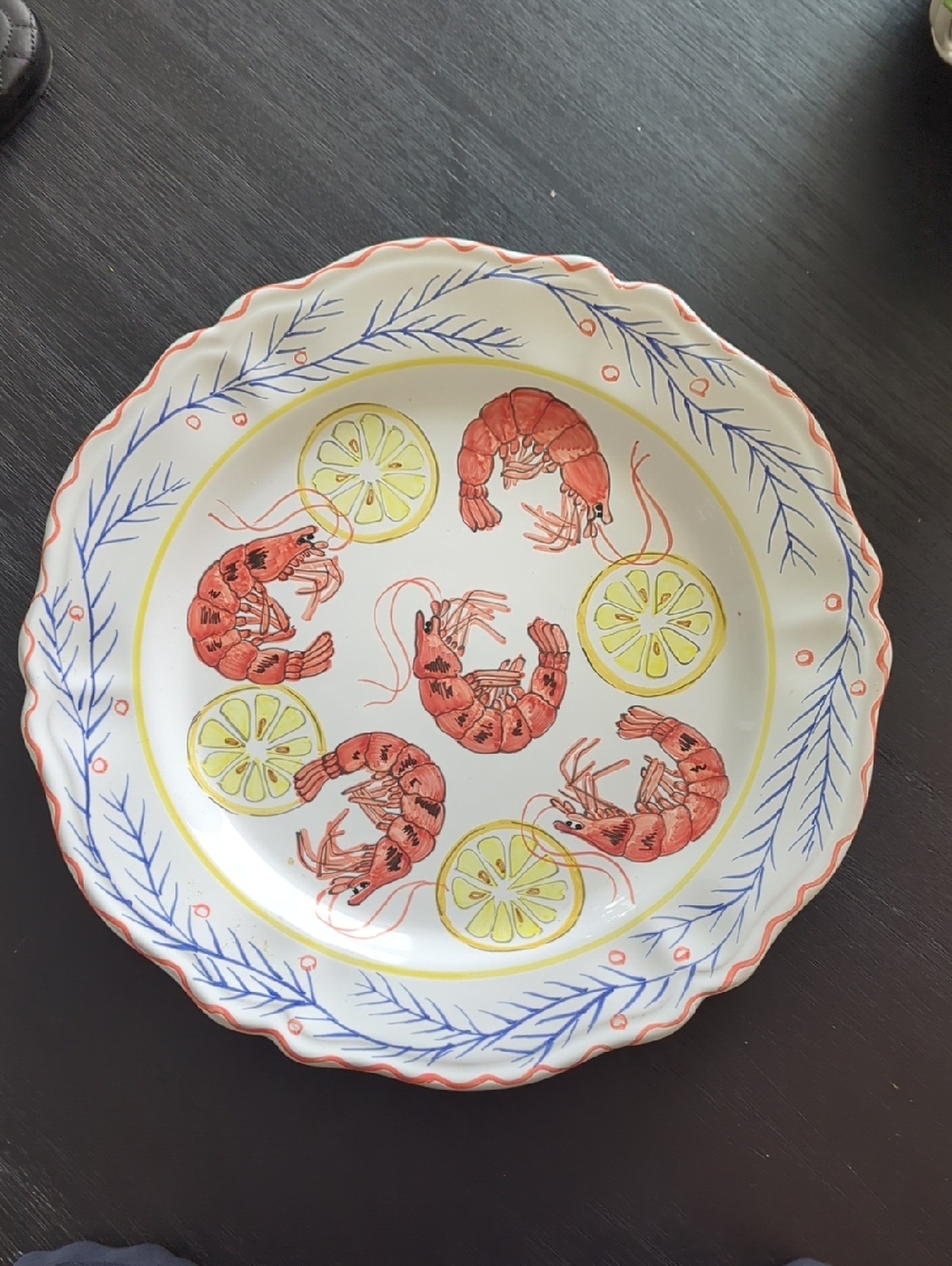 Shrimp & Lemon Decorative Ceramic Plate - White with Red and Yellow Accents